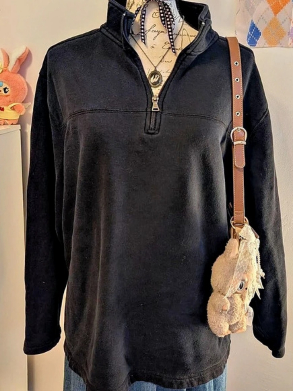 St. John's Bay Quarter-Zip Pullover Sweatshirt Black Size Large